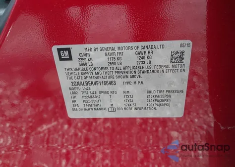 2015 Chevrolet Equinox 1Lt z USA, uszkodzony, nr VIN 2GNALBEK4F1166463